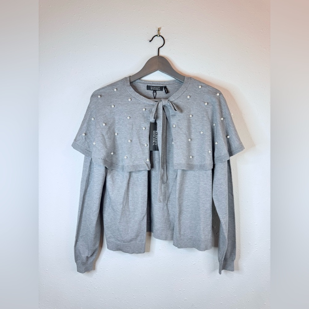 Badgley Mischka Grey Pearls Studded Long Sleeve Tie Cardigan Size Small NWT